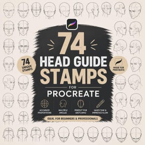 Könnte beinhalten: Eine digitale Sammlung von 74 Kopf-Leitfaden-Stempeln für Procreate, die verschiedene Gesichtswinkel und Konstruktionslinien zeigen. Die zentrale schwarze Grafik zeigt den Text 74 HEAD GUIDE STAMPS FOR PROCREATE, umgeben von zahlreichen Skizzen von Köpfen.