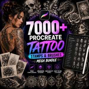 May include: A digital collection of 7000+ Procreate tattoo stamps and brushes featuring a tablet displaying a brush library, various black and white tattoo designs including skulls, dragons, roses, and animals, and text overlays.