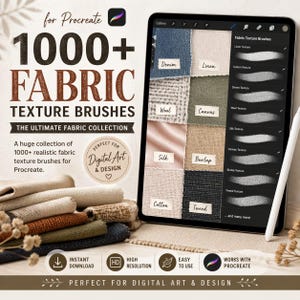 Op de afbeelding: Advertentie voor digitale kunstpenselen. De afbeelding toont een iPad met stoftextuurpenselen voor Procreate. De tekst luidt "1000+ Fabric Texture Brushes". Voorbeelden van denim, linnen, wol, zijde en andere stoffen worden getoond. Een stylus ligt naast de iPad.