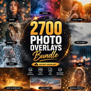 Könnte beinhalten: Eine digitale Sammlung mit dem Titel 2700 PHOTO OVERLAYS Bundle, die verschiedene visuelle Effekte wie Rauch, Lichtlecks, Funken, Nebel, Dunst, Schnee, Regen, Staub, Partikel, Sonnenstrahlen und magische Effekte in einem Raster aus Beispielbildern zeigt.