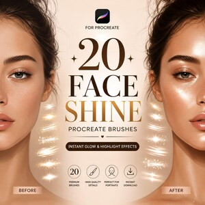 May include: A digital product advertisement for 20 Face Shine Procreate brushes featuring a before and after comparison of a face. The text reads 20 FACE SHINE, FOR PROCREATE, INSTANT GLOW & HIGHLIGHT EFFECTS, and includes icons for 20 brushes, details, portraits, and download.