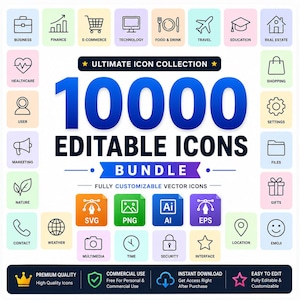 May include: A graphic featuring a collection of 10,000 editable icons. The icons are categorized and include business, finance, e-commerce, technology, and more. The image also includes the text "Ultimate Icon Collection" and "Bundle".