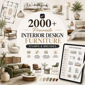 Könnte beinhalten: Eine digitale Sammlung von über 2000 Procreate-Stempeln und Pinseln für Innenarchitektur mit Skizzen von Sofas, Stühlen, Tischen, Betten, Beleuchtung und Dekor. Ein Tablet zeigt ein Menü mit Design-Stempeln und verschiedenen Symbolen.
