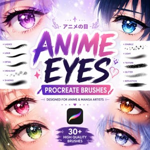 Może przedstawiać: Cyfrowa reklama pędzli Anime Eyes Procreate Brushes przedstawiająca sześć szczegółowych oczu w stylu anime w kolorach fioletowym, niebieskim, różowym, pomarańczowym, zielonym i jasnoniebieskim. Tekst głosi Anime Eyes Procreate Brushes, 30+ High Quality Brushes.