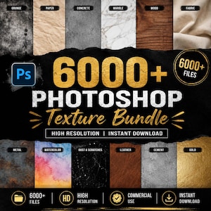 May include: A digital collection of 6000+ Photoshop texture files featuring diverse surfaces like grunge, paper, concrete, marble, wood, fabric, metal, watercolor, dust, scratches, leather, cement, and gold, presented with high-resolution graphics.