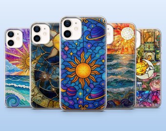 Stained Glass Phone Case Moon And Sun Cover for iPhone 18Pro, 17, 17Pro, 16e, 15, 14, 13, Samsung S26, S25, A17, A57, Pixel 11, 10, 9A, 8
