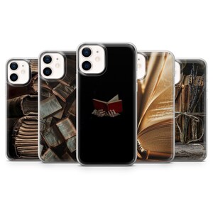 May include: A collection of phone cases featuring book-themed designs. The cases display images of old books, open pages, and a person holding a red book. The cases are designed to fit a smartphone.