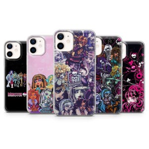 May include: A collection of five phone cases featuring colorful designs. The cases showcase various Monster High characters and logos. The cases are black, pink, and purple, with the Monster High logo prominently displayed on one case.
