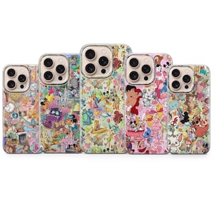 May include: A collection of five phone cases with colorful, detailed designs featuring various Disney characters. The cases have a clear border and a glossy finish. The designs include characters from classic Disney movies.