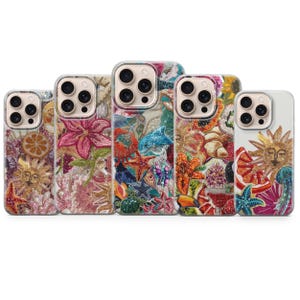 May include: Five smartphone cases arranged in a row, each featuring intricate, colourful beadwork designs. The patterns include suns with faces, citrus slices, tropical flowers, starfish, crabs, dolphins, and various marine life in vibrant hues.