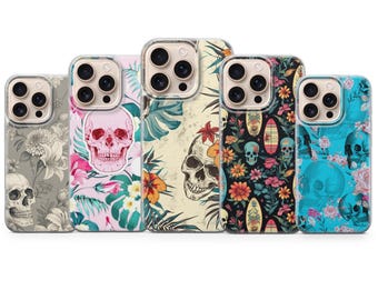 Skull Flowers Phone Case Floral Gothic Dark Cover for iPhone 17e, 17Pro, 16e, 15, 14, 13, 12, Samsung S26, S25, A17, A57, Pixel 10Pro, 9A