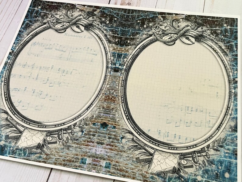 May include: Two oval frames with ornate designs, set against a distressed, blue and brown background. The frames are empty and ready for your own personal touch.  The text "Roman Life" is visible at the top of the left frame.