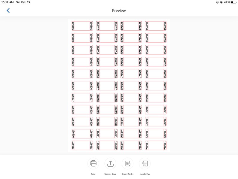 May include: A grid of 44 blank white squares with black outlines and red borders. Each square has a number printed in black at the top. The numbers range from 196601 to 196644.