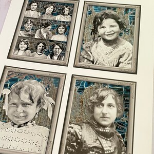 May include: A collage of vintage photographs in black and white, featuring portraits of young girls. The photos are framed in silver and set against a blue and white patterned background.