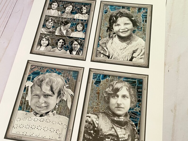 May include: A collage of vintage photographs in black and white, featuring portraits of young girls. The photos are framed in silver and set against a blue and white patterned background.