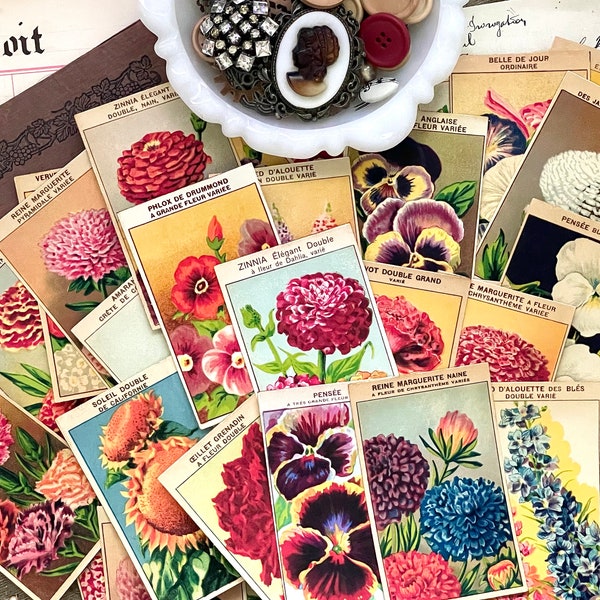 72 Antique French Flower Labels // Vintage Ephemera Download // Printable Seed Packets // Botanical Prints