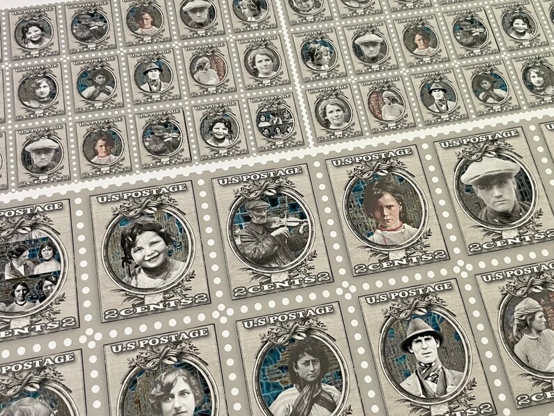 May include: A sheet of vintage-style postage stamps featuring various portraits of people. Each stamp has a blue and white mosaic background and the text "U.S. POSTAGE" and "2 CENTS".