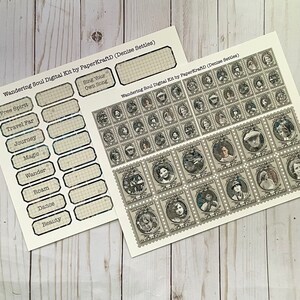 May include: A digital kit for scrapbooking or crafting featuring vintage-style postage stamps with portraits of people. The kit includes a sheet of labels with words like "Free Spirit", "Travel Far", and "Journey". The text "Wandering Soul Digital Kit by PaperKraftD (Denise Settles)" is printed on the sheet.