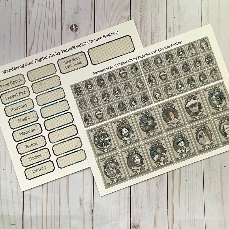 May include: A digital kit for scrapbooking or crafting featuring vintage-style postage stamps with portraits of people. The kit includes a sheet of labels with words like "Free Spirit", "Travel Far", and "Journey". The text "Wandering Soul Digital Kit by PaperKraftD (Denise Settles)" is printed on the sheet.