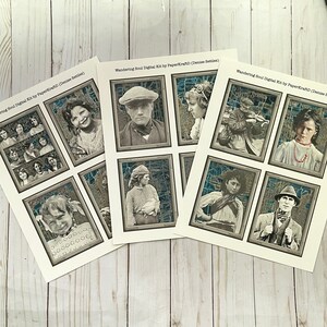 May include: A digital collage kit featuring vintage photographs of people in various poses. The images are framed with a distressed, textured border. The title "Wandering Soul Digital Kit by PaperKraftD (Denise Settles)" is printed at the top of each sheet.