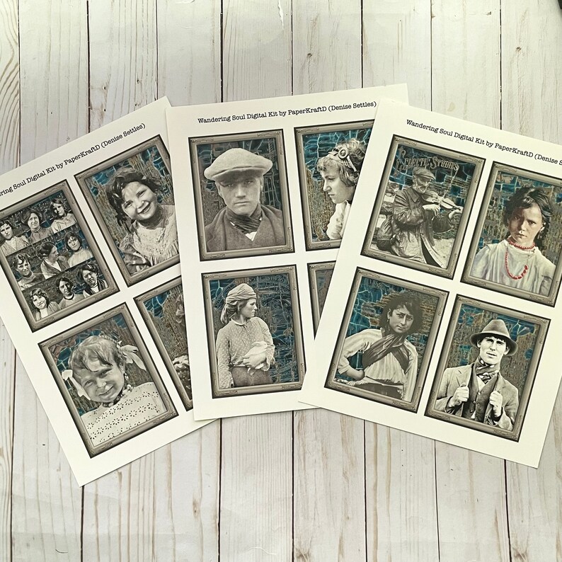 May include: A digital collage kit featuring vintage photographs of people in various poses. The images are framed with a distressed, textured border. The title "Wandering Soul Digital Kit by PaperKraftD (Denise Settles)" is printed at the top of each sheet.