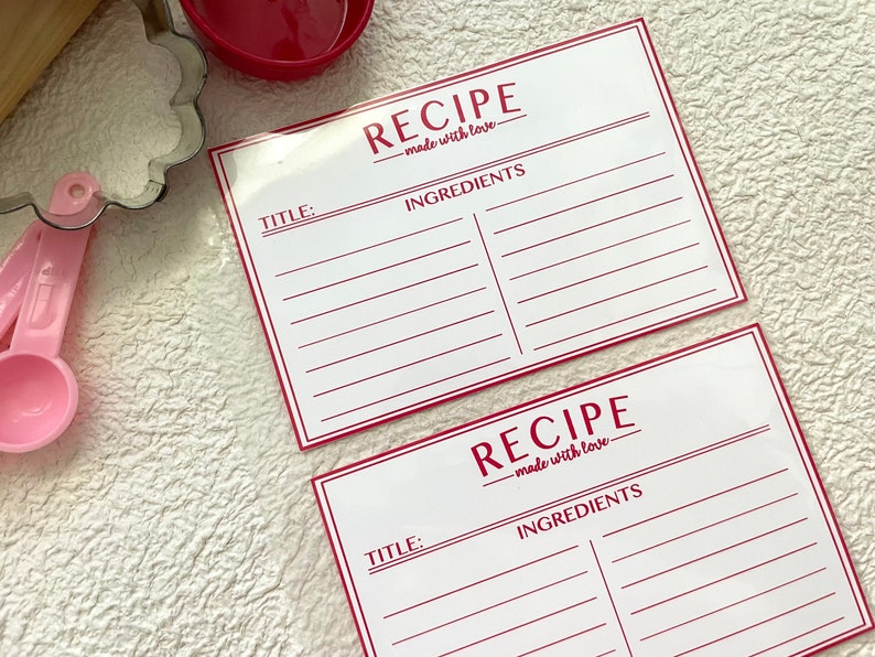 May include: Two blank recipe cards with red borders and the text "RECIPE - made with love" printed on them. Each card has a space for a title and a list of ingredients.