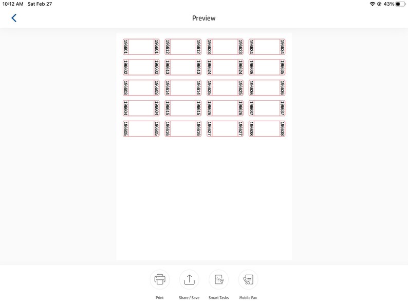 May include: A grid of 25 blank white squares with black numbers in the top right corner of each square. The numbers range from 196601 to 196638. The squares are outlined in red.