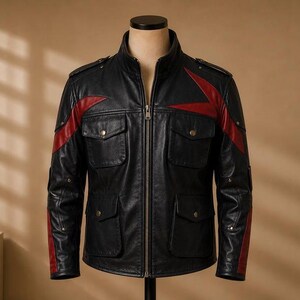 Herr svart & röd skinnjacka | Vintage militärskinnjacka | Biker-motojacka | Stand Collar Utility-jacka | Handgjord äkta
