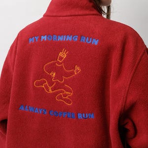 Running Coffee Cup Embroidered Red Fleece Sweatshirt Mock Neck Coffee Run Club