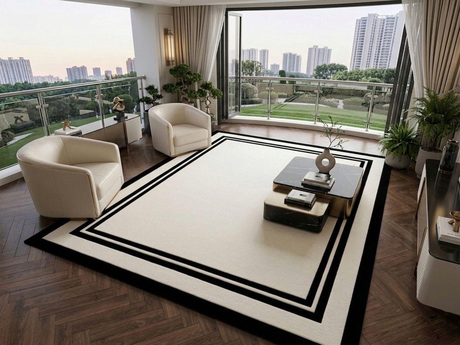 Luxury Black Border Rug, Large Ivory Wool Carpet, Handmade Bedroom Area ...