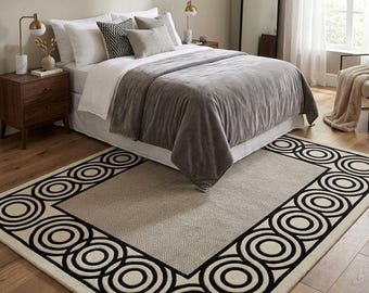 Alfombra geométrica de lana hecha a mano - Alfombra moderna estilo art déco - Diseño minimalista de círculos entrelazados en crema y negro para dormitorio y sala de estar