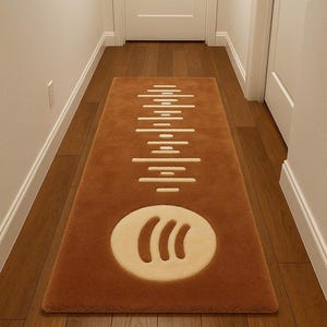 May include: A brown rectangular rug featuring a cream-coloured Spotify logo and soundwave pattern. The rug is laid on a wooden floor in a hallway, with white doors and trim in the background.