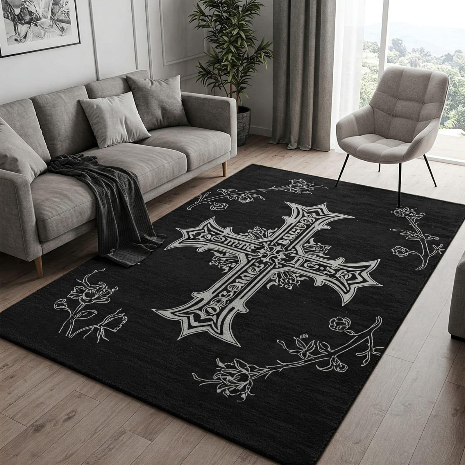 Gothic Church Rug Gothic Cross Rug Black Floral | Handmade Tufted Dark Academia Rug ...