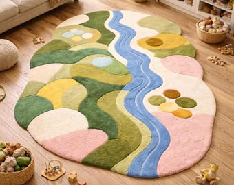 Mos vloerkleed abstract landschap wollen vloerkleed – handgemaakt modern kinderkamertapijt voor kinderkamer