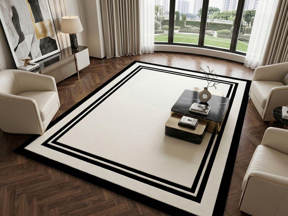 Luxury Black Border Rug, Large Ivory Wool Carpet, Handmade Bedroom Area ...