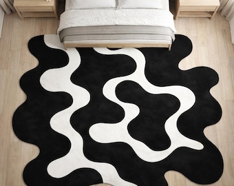 Alfombra grande e irregular – Alfombra en blanco y negro – Alfombra geométrica llamativa – Decoración impactante para la sala de estar
