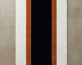 Alfombra larga de lana hecha a mano / Alfombra de pasillo con diseño moderno de arco / Alfombra negra, óxido y marfil