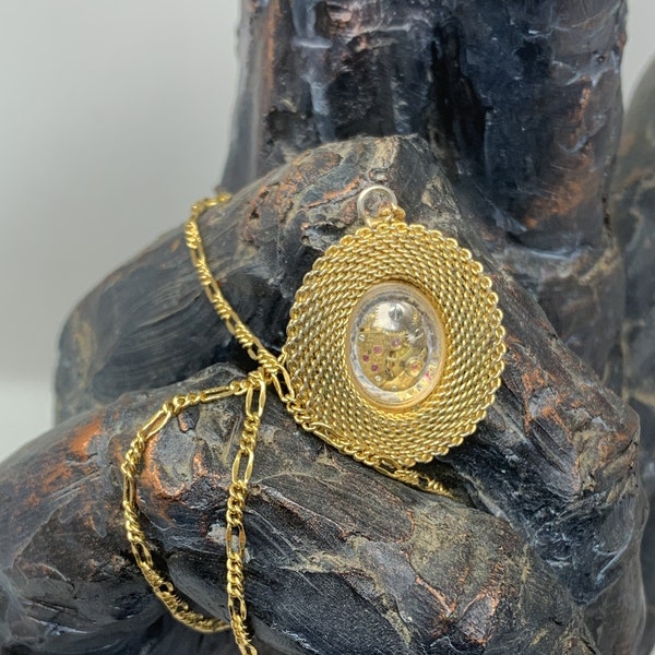 Steampunk Vintage Oval Gold Tone Case/Movement Watch Pendant/17" Necklace