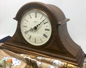 Herman Miller 613-103 Vintage Classic Dark Oak Wooden Round Ivory Beige Dial Quartz Roman Numerals Westminster Chimes 18 quot Mantel Clock