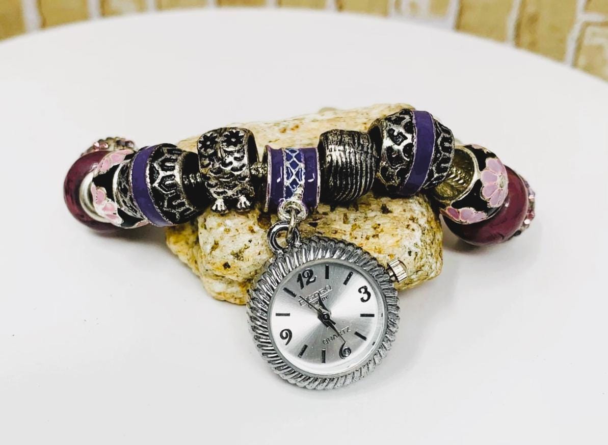 Figaro Beaded Purple Charm Bracelet Watch with Silver-Tone Accents Charmed Memories Charm Bracelet Watch w/16 Michael Anthony  main image 4