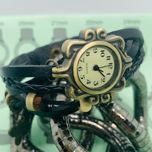 Bronze Filigree/Beige Dial Braided Black Leather Beaded Butterfly Boho Watch