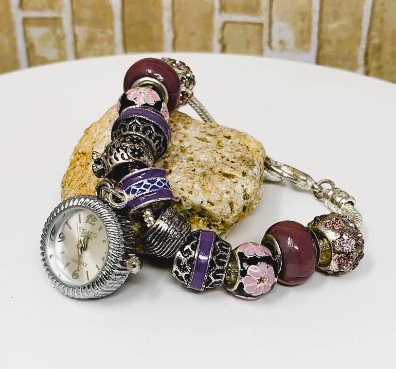 Figaro Beaded Purple Charm Bracelet Watch with Silver-Tone Accents Charmed Memories Charm Bracelet Watch w/16 Michael Anthony  main image 2