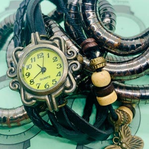 Bronze Filigree Chartreuse Dial Braided Black Leather Beaded Butterfly Watch