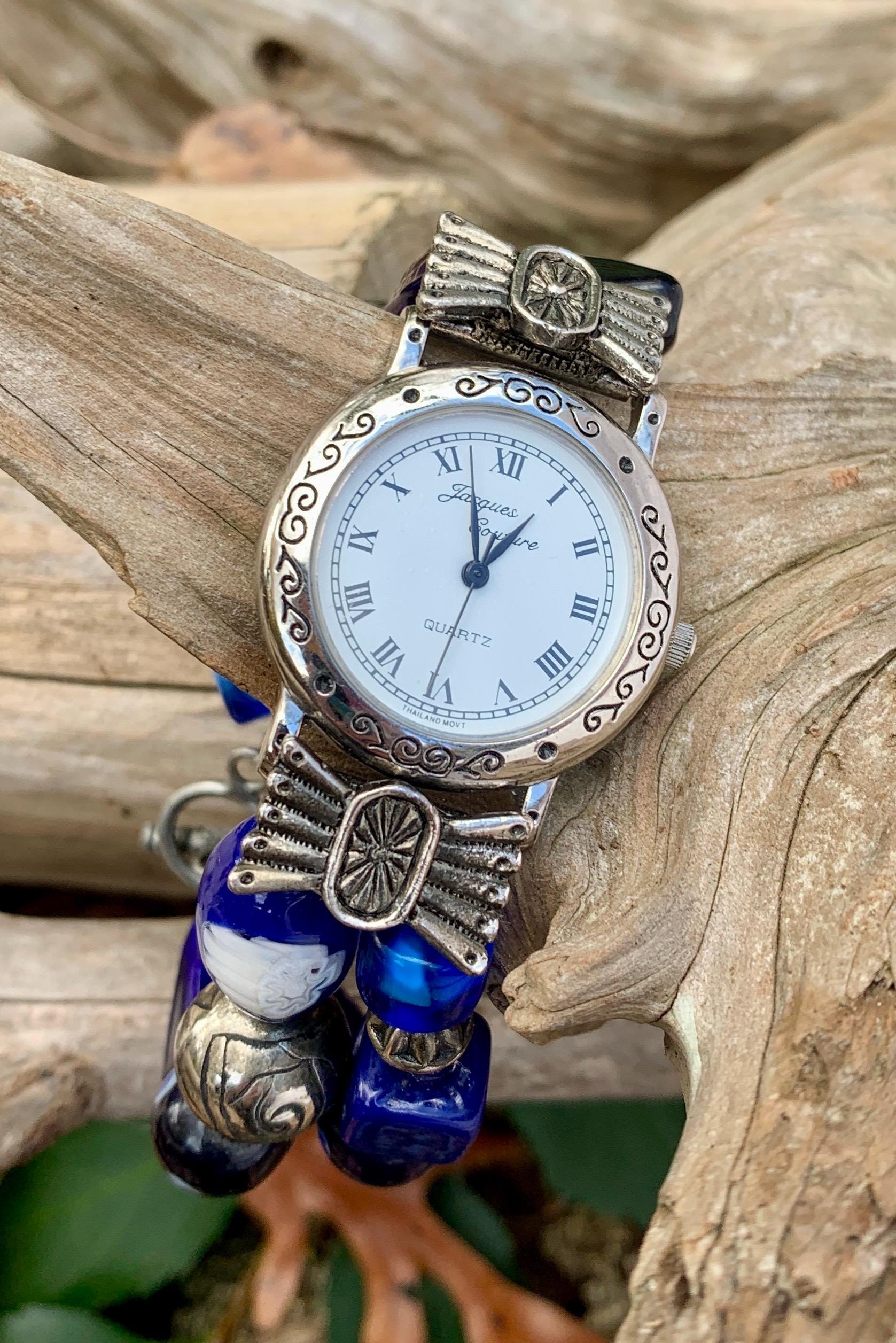 Jacques Couture Silver Tone Filigree Watch With Blue Glass  display picture 3