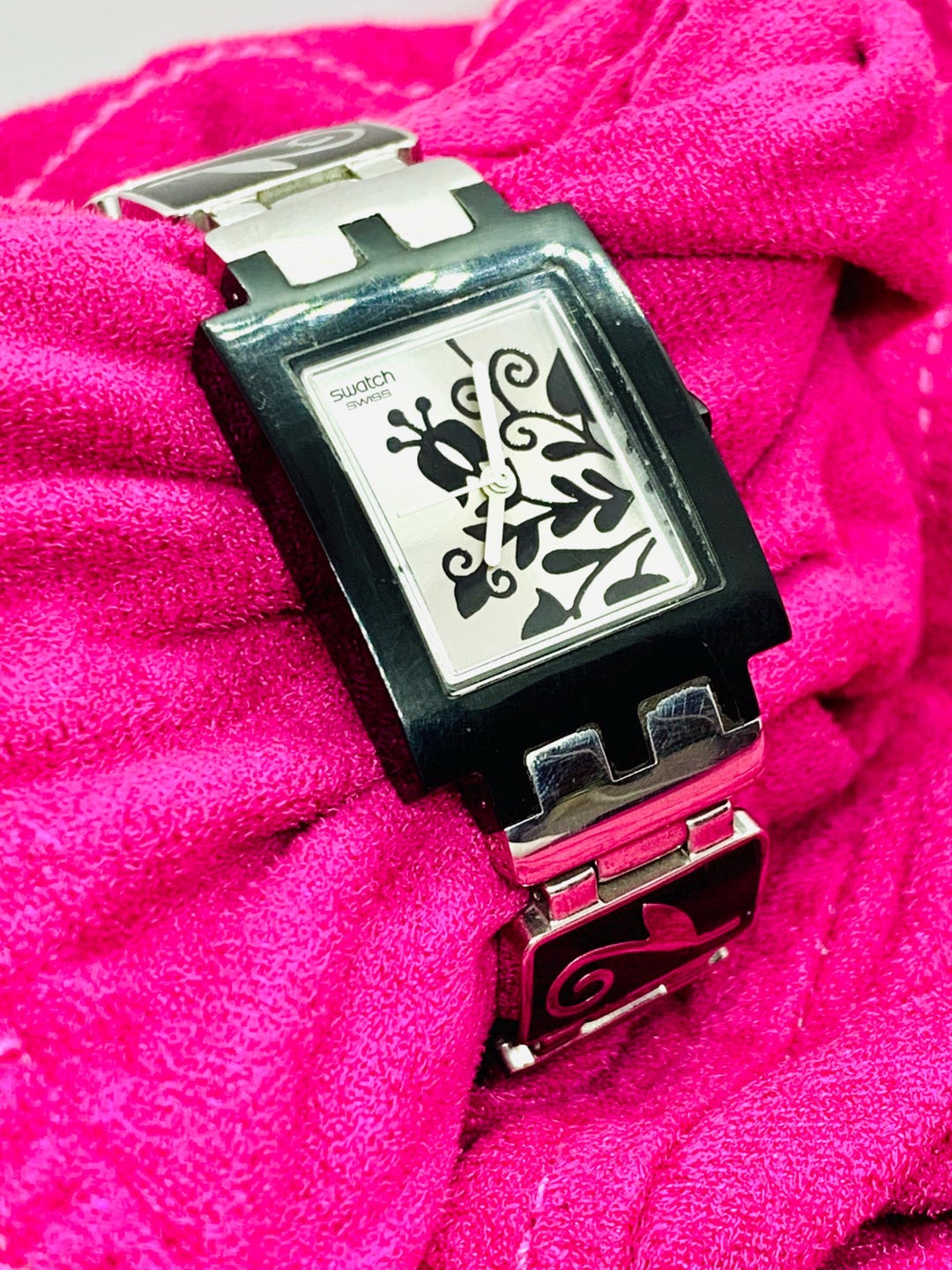 Swatch Rectangular Swatch Evening Only 605 Rectangle Silver Stainless/black Enamel Womens ...