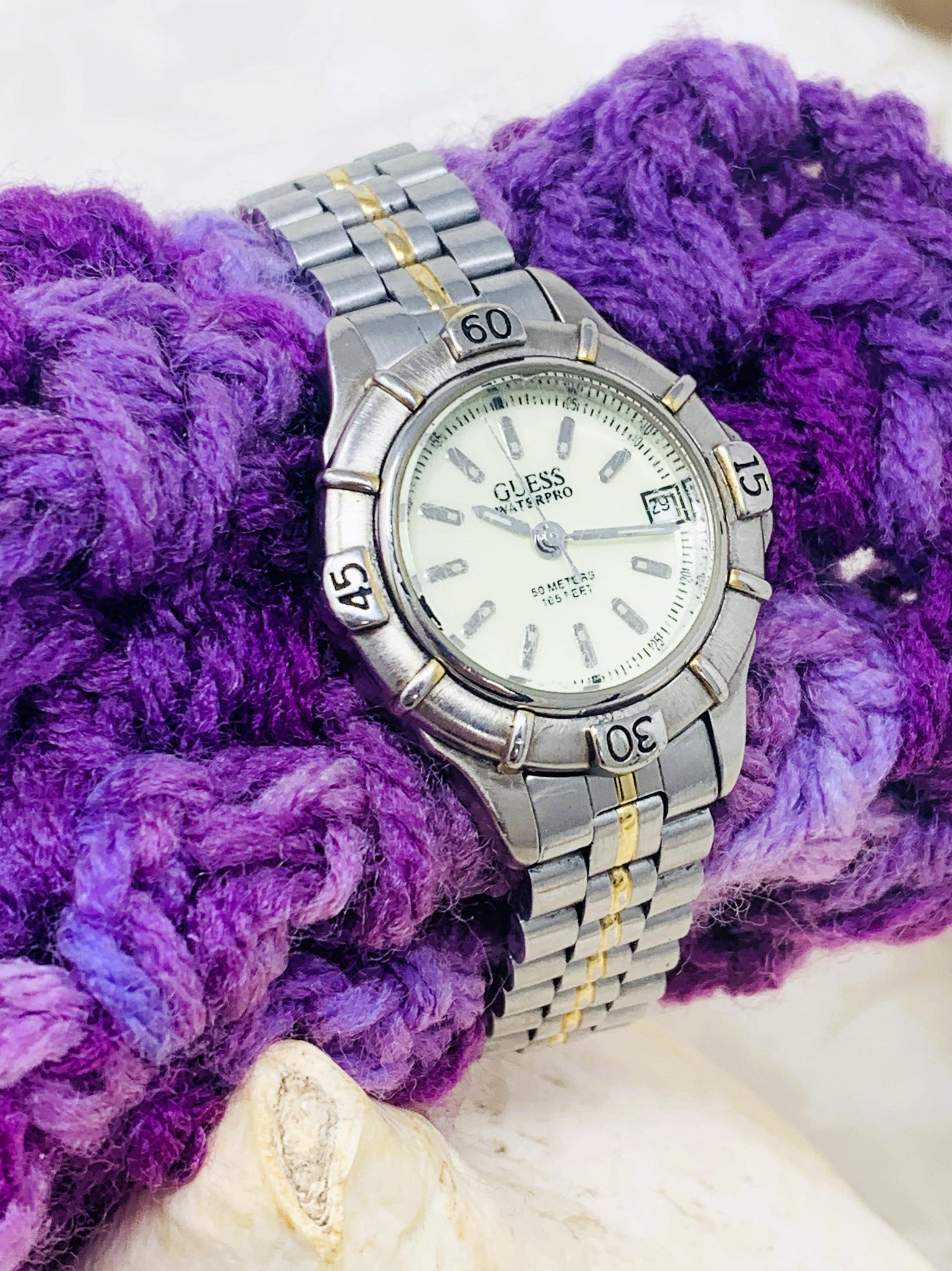 Guess. Vintage 1997 Waterpro  Watch  silver / Gold Tone 6 1/2 (New Battery ) Vintage Guess Watch Women Silver Gold Tone Date 1997 Indiglo  main image 4