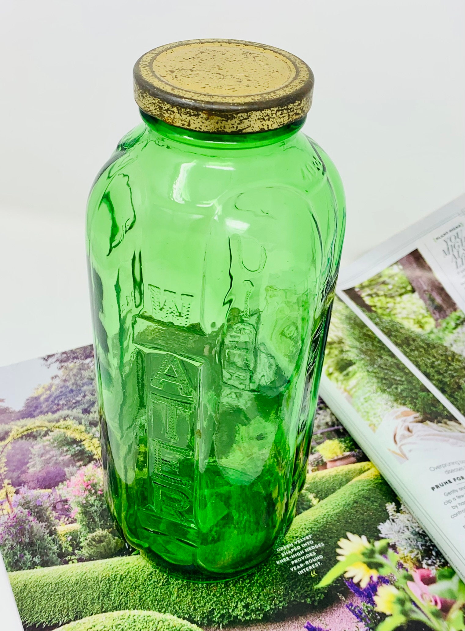 1950s Era Sunsweet Emerald Green Glass 40oz Water/juice Jar Container 