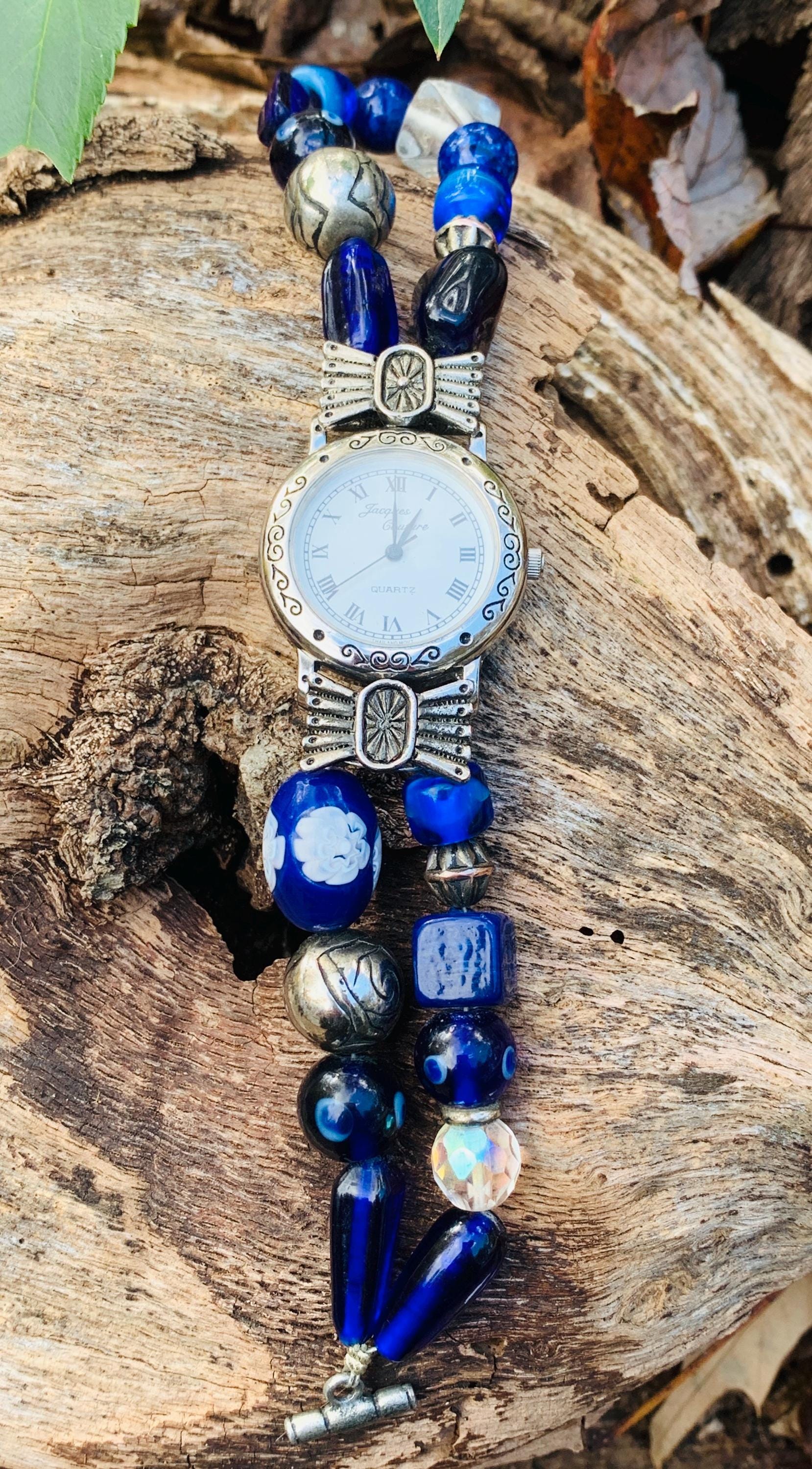 Working Jacques Couture Woman\'s Watch Quartz Blue Stones Silver Band 35mm Fit 7\