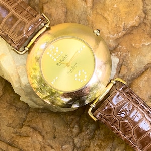 Lucien Picard/Dufonte 1980s Gemmed Dial Large Gold Tone/Brown Leather Watch