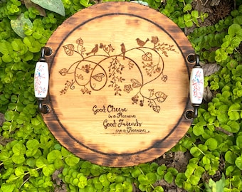 Birds/Vines Pyrography/Wood Burning/Engraved Design Cheese Board Wooden Tray w/ White Handles by J. Rizzo